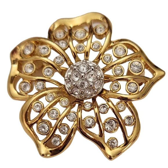 Swarovski Swan Loo Gold Tone Clear Crystal Pave Ball Open Flower Brooch Pin E776 - Picture 7 of 7
